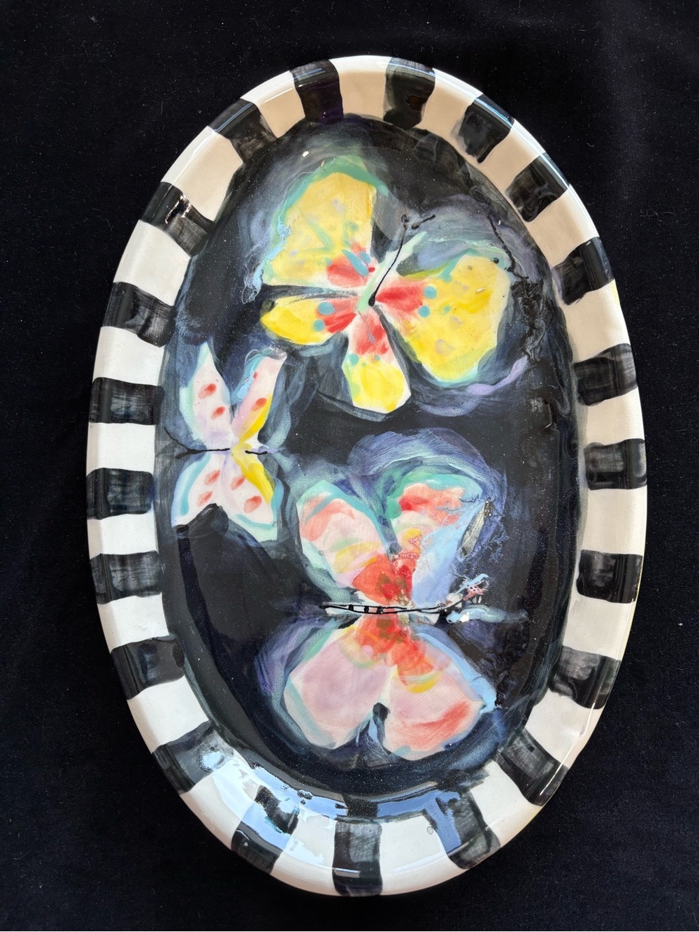 Handmade Ceramic Serving Tray” Butterflies On Black“ Design 11”x7”Original